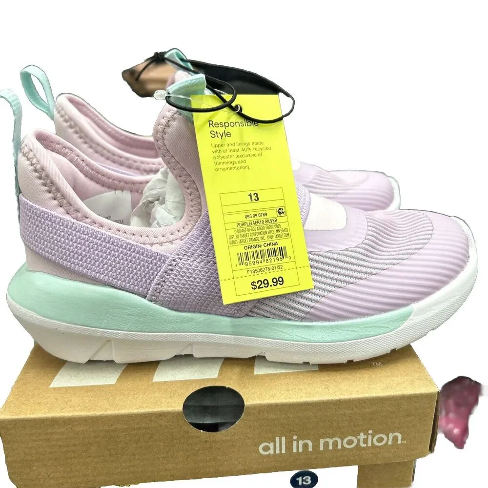 Girls‎ All in Motion Pink/Purple Slip On Performance Silver Sneakers Size 13 NWT